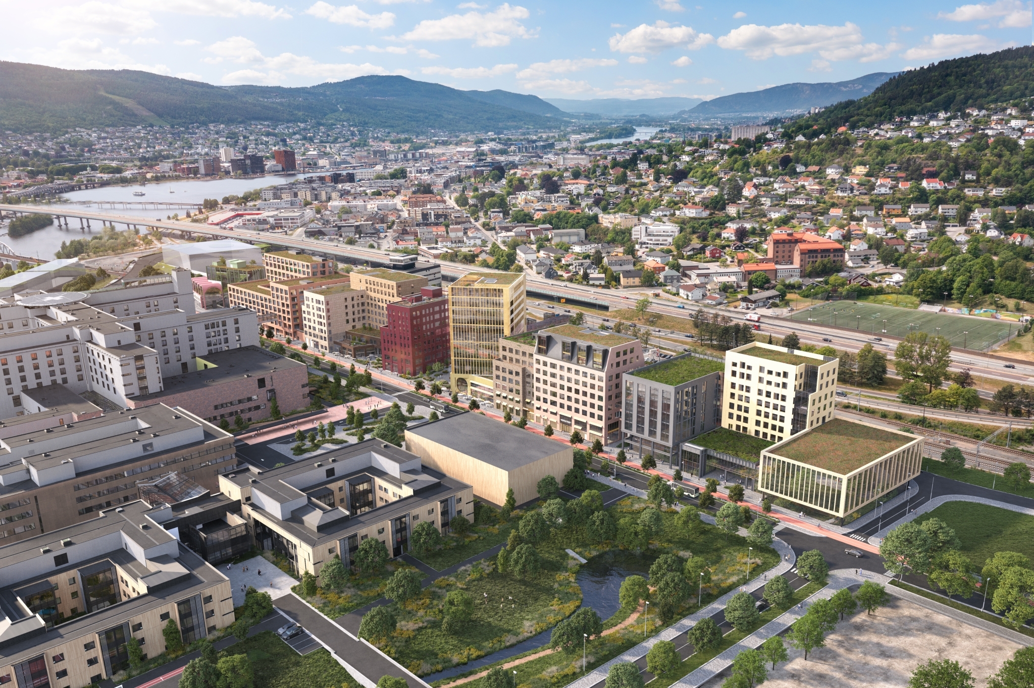 9 4 Drammen Helsepark Eksterioer Drone 0657 v3 3destate no